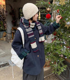 Tikoy check color matching duffel quilted hood wool half coat