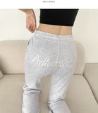 Back Embroidery Point Semi Bootcut Banding Pants
