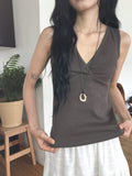 Ichi Deep V-Neck Lace Ribbed Wrap Sleeveless