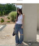 Distressed Ripped Jeans Straight Wide Denim