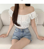 Lovely Hip Shoulder Ribbon Banding Off-shoulder Short Sleeve Blouse