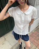 Jenny Round Collar Pin Tuck Lace Puff Short Sleeve Blouse