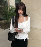 [Muffler set] Renu Cardigan Shirring Button Sleeveless Set