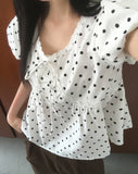 Newon Dot Lace Ribbon Short Sleeve Blouse