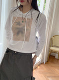 Tilla Linen See-through Color Matching Slim Long Sleeve Hood T-shirt