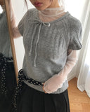 Moon round neck ribbon layered wool short sleeve knit
