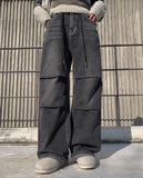 Rising black blue strap wide pants