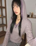 Pao Stripe Snap Button Color Matching Long Sleeve Hooded T-Shirt