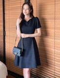 Moenne Heart Neck Puff Tweed Flare One Piece
