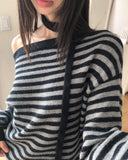 [Muffler SET] Ked Stripe Off-Shoulder Long-Sleeve Knit