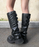 Hapa Leather Warmer Buckle Platform Sole Long Boots