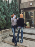 Hip-point bootcut denim pants