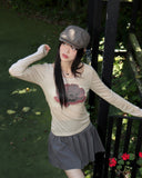 Kiving See-Through U-Neck Cosmos Flower Long Sleeve T-Shirt