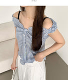 Stripe Pattern Shoulder Banding Off-shoulder Sleeveless Blouse