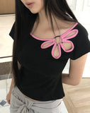 Mki Flower Slit Boat Neck Two-tone Short Sleeve T-shirt