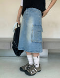 Samav Cargo Washing Denim Midi Skirt