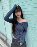 Hoobi Drape Shirring Lace Slim Fit Color Matching Long Sleeve T-shirt
