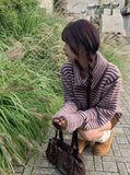 Mud Collar Stripe Color Matching Knit Cardigan