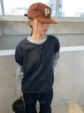 Bukanne Wool Button Check Short Sleeve Blouse - Wool 50%