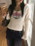 Claim Deep U-Neck Flower Slim Long Sleeve Knit