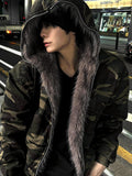 Dark camo semi-crop hood fur jumper + dark brown fur trim