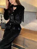 Roselle Peplum Tie Velvet Jacket Blouse