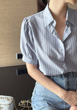 Two Pin Stripe Puff Short Sleeve Shirt Blouse