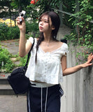 Amu Lace Frill Button Puff Short Sleeve Blouse