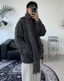 Blanc brush knit hooded zip-up