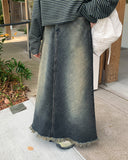 Ikoi Vintage Fringe Washed Denim Long Skirt