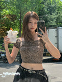 Leopard shirring puff off-shoulder short sleeve
