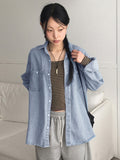 [UNISEX] Barket Vintage Oversized-fit Stitch Denim Long Sleeve Shirt