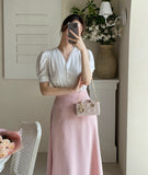 Shawang chiffon color matching shirring short sleeve blouse