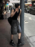 Adjust cut black denim bermuda pants