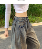 Stripe Folding Hem Snap Wide Denim Pants