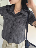 Hash Western Stripe Pocket Rolling Crop Short Sleeve Shirt