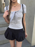 Nerdy Check Tie Shirred Slim Short Sleeve T-shirt