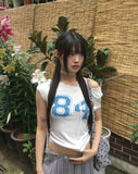 [Muffler SET] Lensa Dot Print Lace Off-Shoulder Short Sleeve T-Shirt