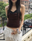 [with pad/adjustable straps] Cheeky back banding layered lace color matching shirring sleeveless
