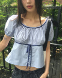 Nui Dot Strap Color Matching Short Sleeve Blouse