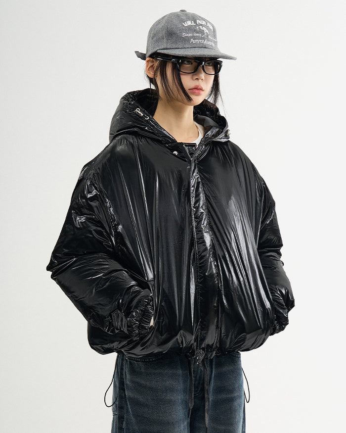 Phantom hooded glossy short padded jacket