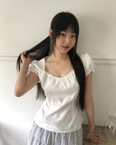 Hae heart neck frill lace puff blouse