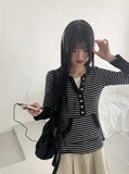 Mihoo Vintage Stripe Button Pocket Long Sleeve T-Shirt