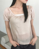 Eveny shirring volume hole short sleeve knit