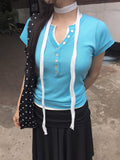 Evin Button V-Neck Knit Short Sleeve T-Shirt