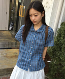 [BAONHAUS] Krunen Linen Check Short Sleeve Shirt Blouse