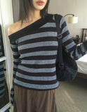 [Brushed Lining] Knockin Stripe One Shoulder Unbalanced Knit T-shirt