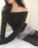 [Brushed] Hazen loose fit off-shoulder knit t-shirt