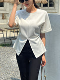 Duba Span Shirring Front Slit Short Sleeve T-shirt