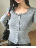 Shaltie Lace Square Neck Ribbed Knit Cardigan